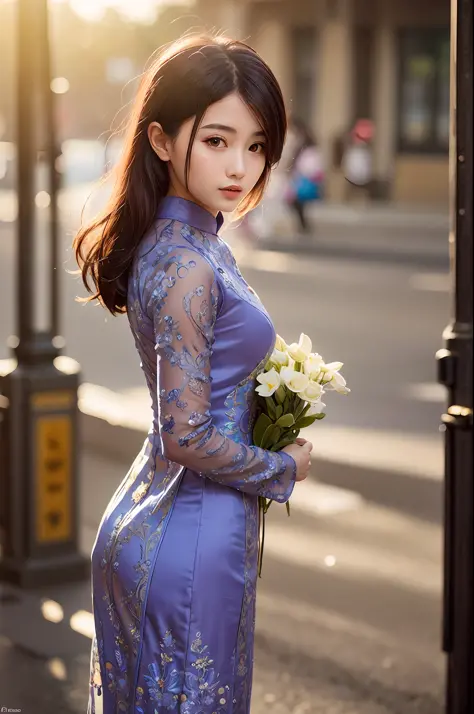 a beautiful girl in vintage colors aodai , masterpiece, best quality, realistic:1.3, street, cyberpunk, holding bundle of adubon...