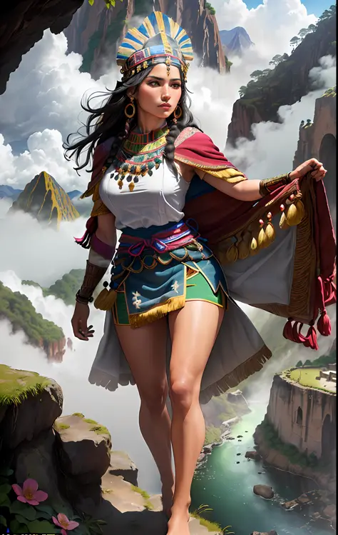 ((realistic: 1.5)),((best quality)), ((masterpiece)),((detailed)), (1 Inca woman in Inca costume with red blue white and pink co...