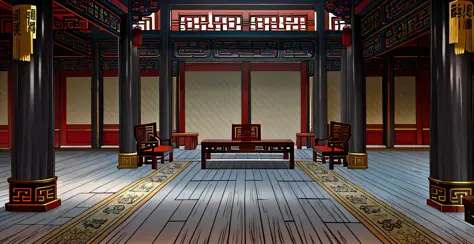 Interior scene of the ancient Chinese imperial palace hall, chairs