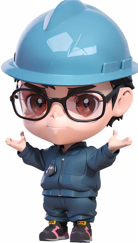 There is a little boy in hard hat and glasses, eating at dinner, Elon Musk's anime Nendoroid, cute 3 D rendering, cute character...