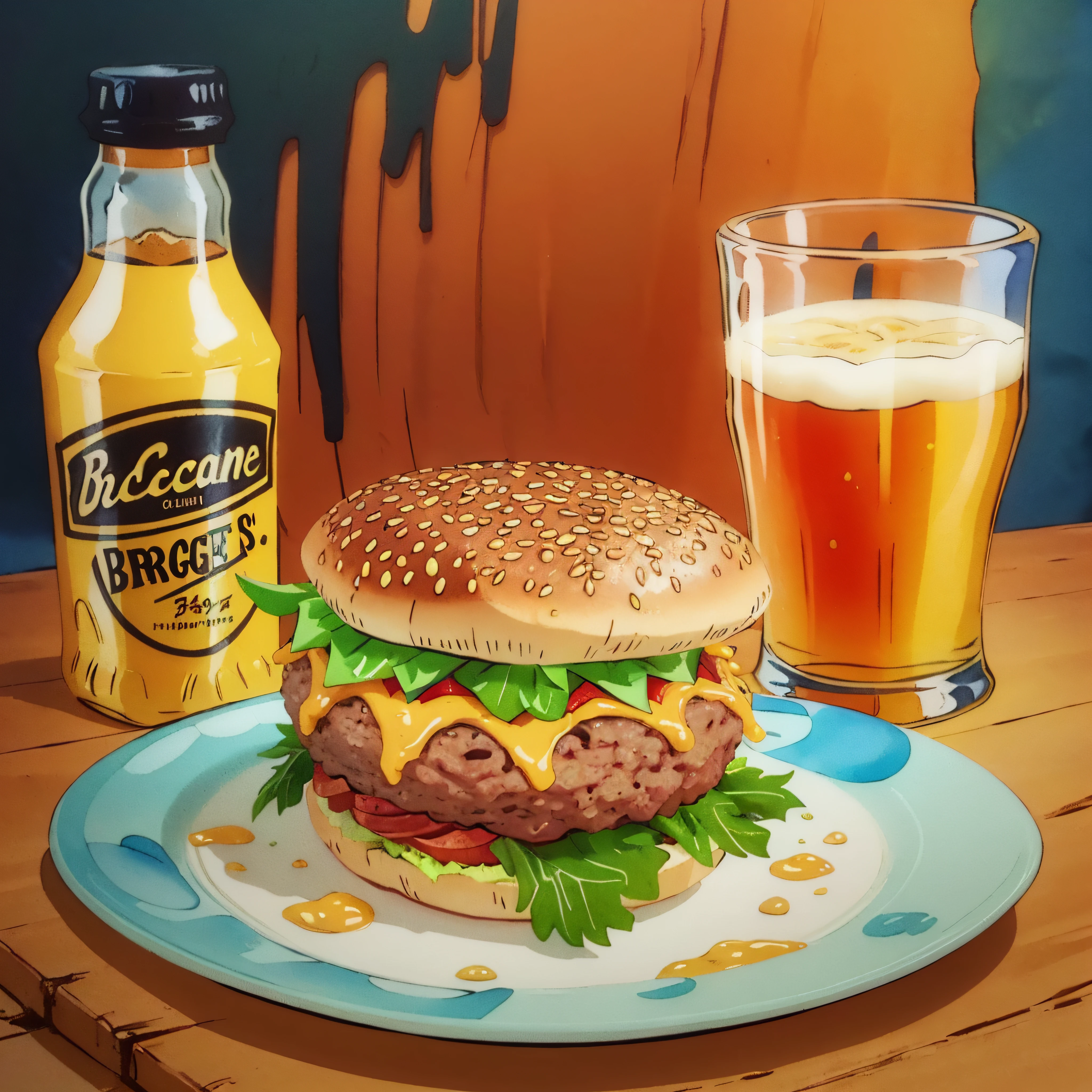 Imagine flat illustration, just a plate in the foreground and on the plate only a hamburger sandwich with cheese, bacom and lettuce on the bread with juicy and attractive sesame. And seen in the background, off the plate, a bottle of beer, a glass of beer and a black pepper grinder, warm color, bright background, flat illustration, , attractive, beautiful, concept art, pop-art style, cheerful, colorful, interesting, watercolor style