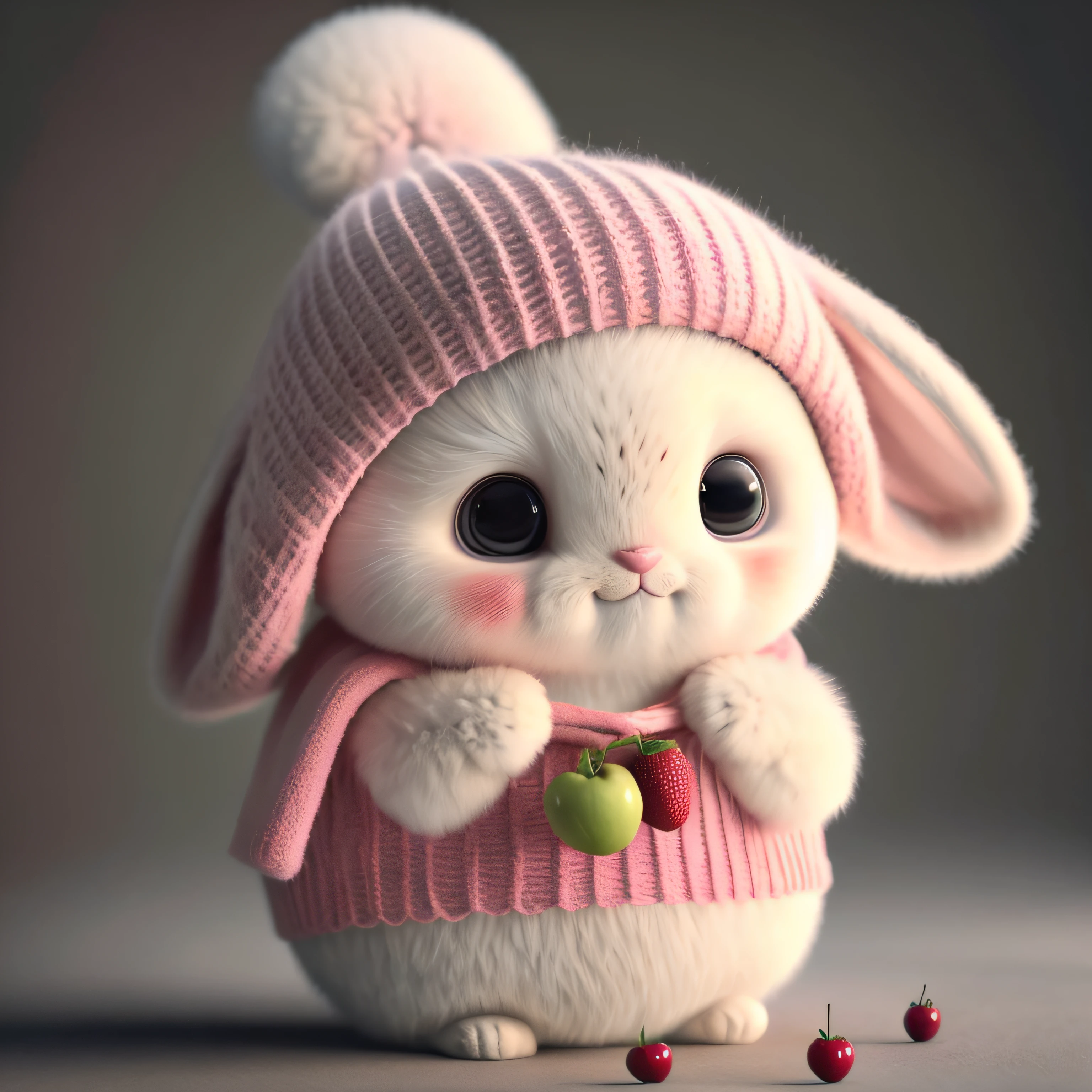 : 3. bunny, realistic, furry animal, apple, black eye, blush, cherry, food, fruit, full body, hat, non-human, strawberry, tomato, watermelon