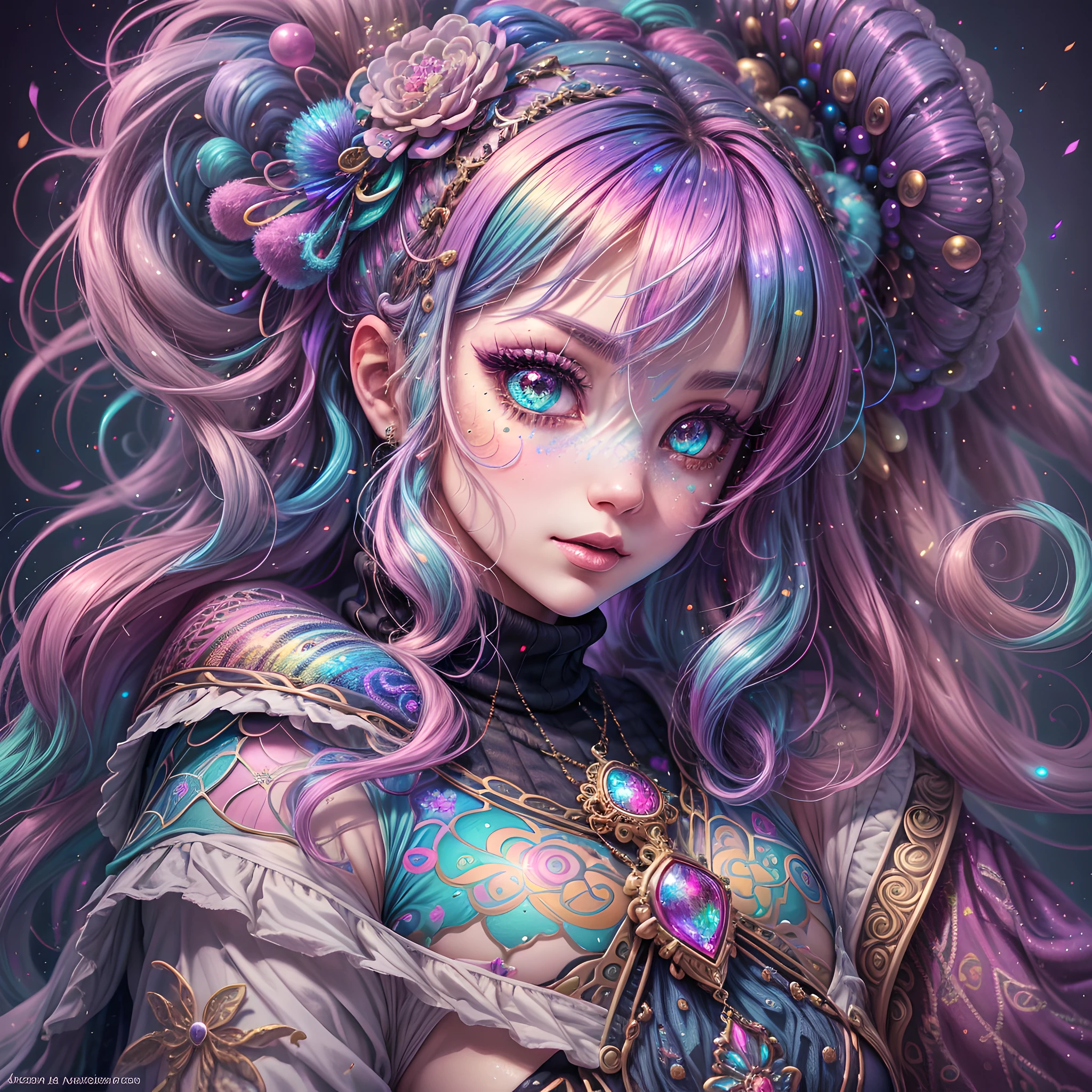 This image should be colorful and euphoric with extreme fantasy elements and very bold colors. Use (((lora:ArcherTurtleneck:1))). Generate a beautiful  nymph with ornate and highly detailed Decora Harajuku fashion aesthetics on an interesting Harajuku street background. Her head, torso, and hips are in frame. The nymph should have a mature face with a lot of character and visual interest. Include beautiful eyes, highly detailed eyes, extremely detailed eyes, intricate eyes, 8K eyes, macro eyes. Pay close attention to intricate facial details and realistic eye shading. Include bright lisa frank rainbow colors. ((Include many realistic fantasy and rainbow Harajuku and decora details)). Clothing should be very detailed and intricate in the style of extravagant Harajuku decora street fashion with a heavy emphasis on rainbow colors. Her shirt should (((cover her stomach and breasts))) and contain contrasting textures, colors, and patterns (((lora:ArcherTurtleneck:1))). Her pants should be highly detailed and contain contrasting textures, colors, and patterns. The image is the highest quality possible, with rich colors and an extremely high resolution. Consider influences like the artwork and colors of Lisa Frank. Utilize bright ambient lighting and dynamic composition to enhance a feeling of happiness and ((euphoria)). The image should contain shimmer, phantasmal iridescence, crystals, and bumps. (((lora:ArcherTurtleneck:1))). Include many decora fashion accents.