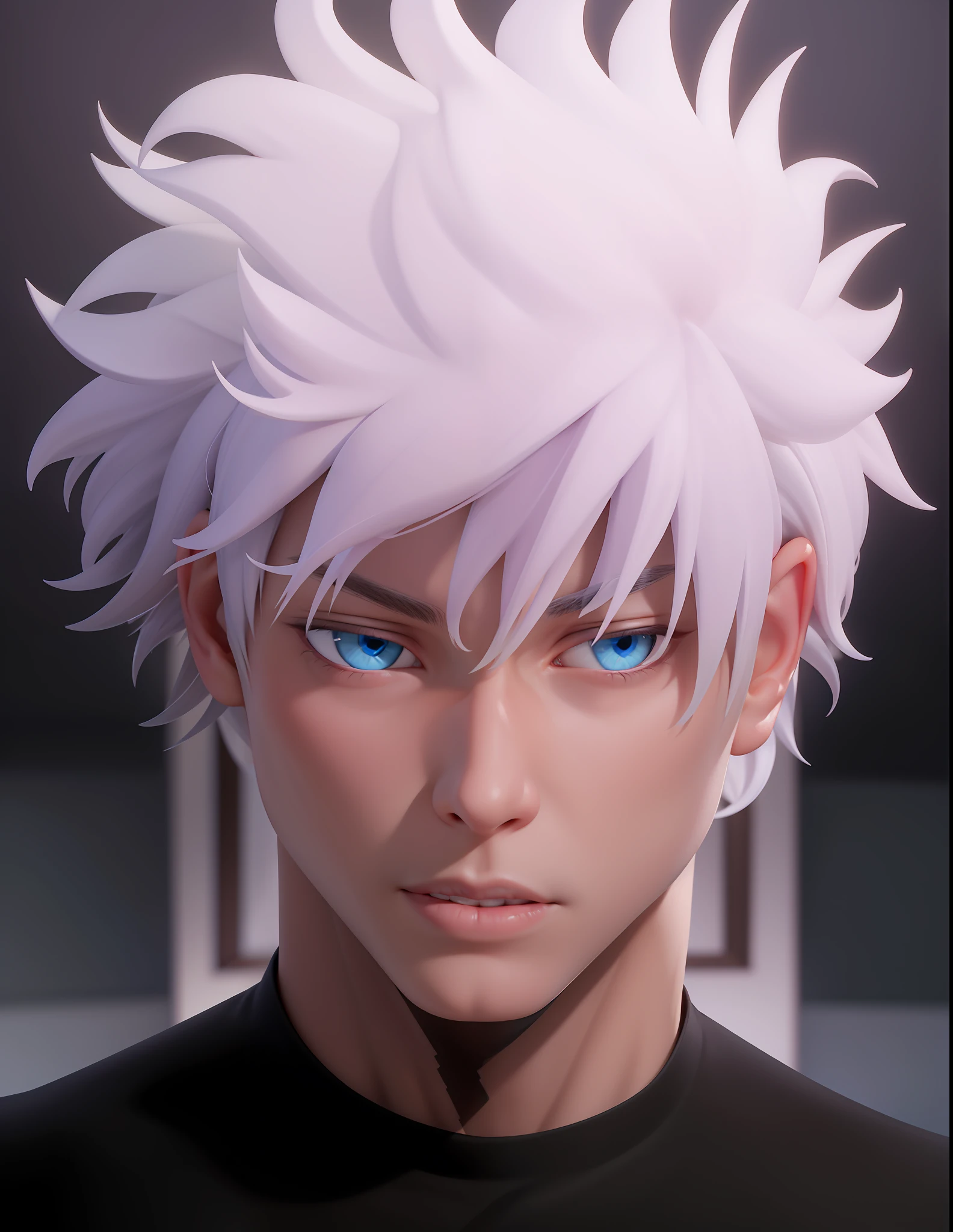 A very handsome male character with white hair, blue eyes, thin and delicate face, muscular, gojo satoru, satoru gojo, gojo