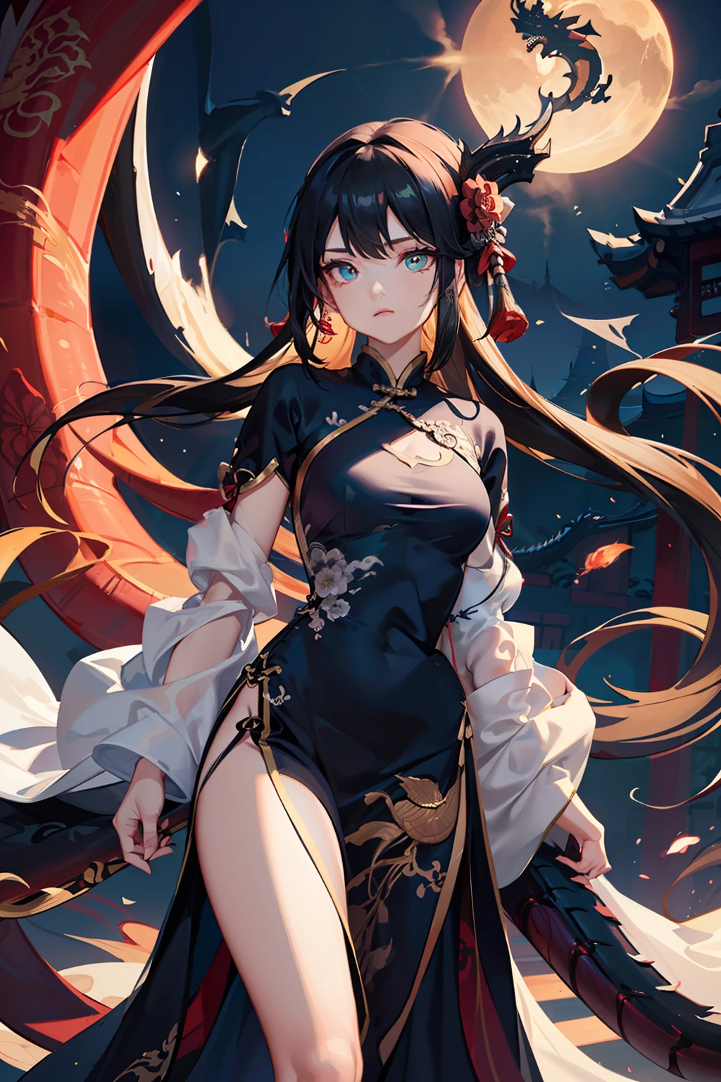 ((masterpiece)),((best quality)),(ultra-detailed),(illustration),((an extremely delicate and beautiful)),((Its a wonderland)),(((Wreathed in mist.))),((huge Chinese Dragons fly in the sky)),(dynamic angle),(Black cheongsam with gold edge)China,(young girl),(Girl King),solo,solo,focus on,(Perfect female body,from below,expressionless,small breasts,flat chest,cinematic lighting,volume lighting,bloom effect,light particles),Hollowed-out clothes,bare breasts,Ink long hair,Long dark hairwaterpaint,(1girl),Ink clothes,gradient hair,long hair,Black blue hair,flat belly,beautiful golden eyes,[[[navel]]],glowingeyes,eyeshadow,eyeliner,messy floating hair,arms behind back,((chinese clothes,china dress)),ink wash painting,Dragon,(((east big Dragon background))),(floating ink:1.3),{Chinese dragon},The background is mostly dragon,beautiful detailed water,Very imposing,Magnificent,Domineering