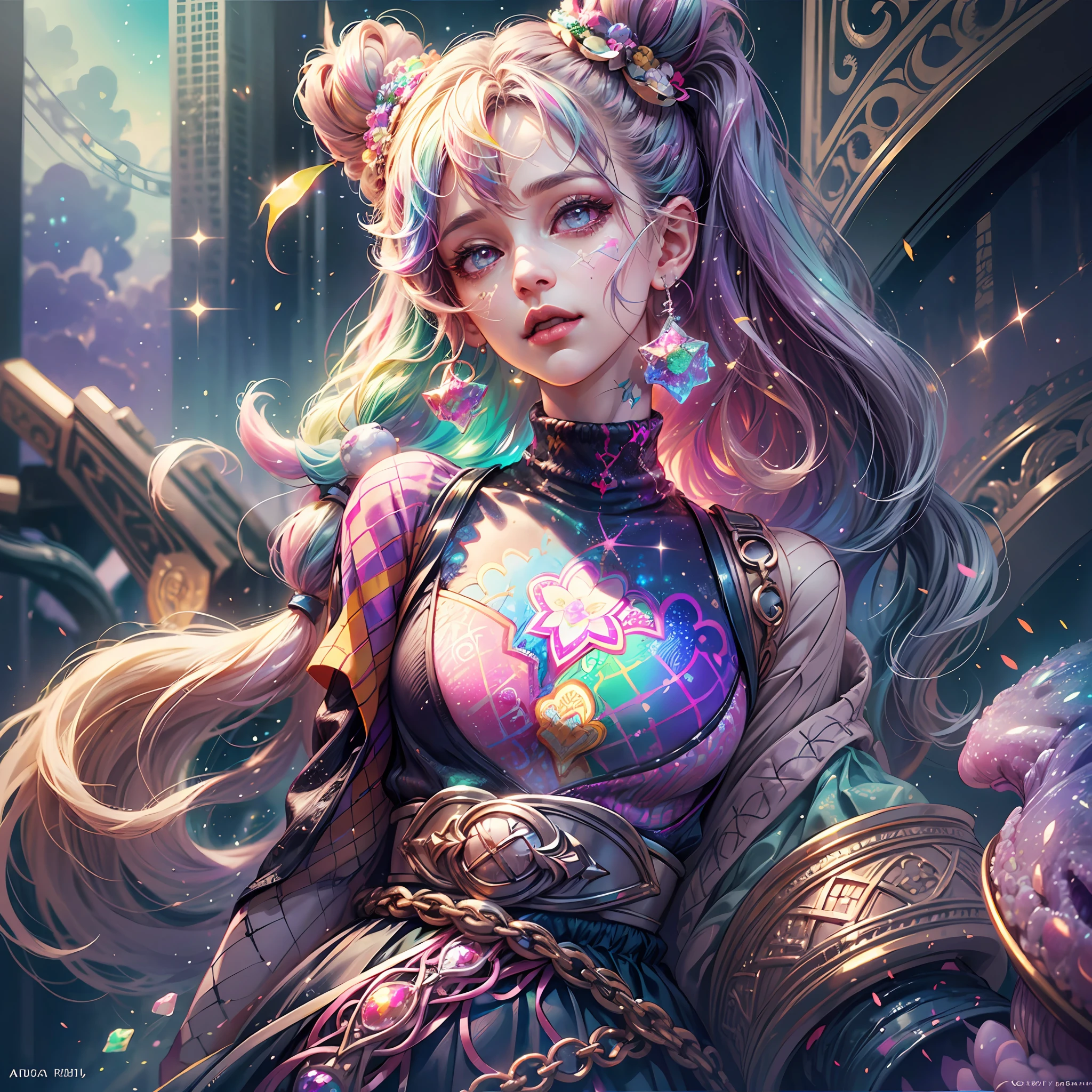 This image should be colorful and euphoric with extreme fantasy elements and very bold colors. Use (((lora:ArcherTurtleneck:1))). Generate a beautiful  nymph with ornate and highly detailed Decora Harajuku fashion aesthetics on an interesting Harajuku street background. Her head, torso, and hips are in frame. The nymph should have a mature face with a lot of character and visual interest. Include beautiful eyes, highly detailed eyes, extremely detailed eyes, intricate eyes, 8K eyes, macro eyes. Pay close attention to intricate facial details and realistic eye shading. Include bright lisa frank rainbow colors. ((Include many realistic fantasy and rainbow Harajuku and decora details)). Clothing should be very detailed and intricate in the style of extravagant Harajuku decora street fashion with a heavy emphasis on rainbow colors. Her shirt should contain contrasting textures, colors, and patterns (((lora:ArcherTurtleneck:1))). Her pants should be highly detailed and contain contrasting textures, colors, and patterns. The image is the highest quality possible, with rich colors and an extremely high resolution. Consider influences like the artwork and colors of Lisa Frank. Utilize bright ambient lighting and dynamic composition to enhance a feeling of happiness and ((euphoria)). The image should contain shimmer, phantasmal iridescence, crystals, and bumps. (((lora:ArcherTurtleneck:1))). (((Include many decora fashion accents.)))