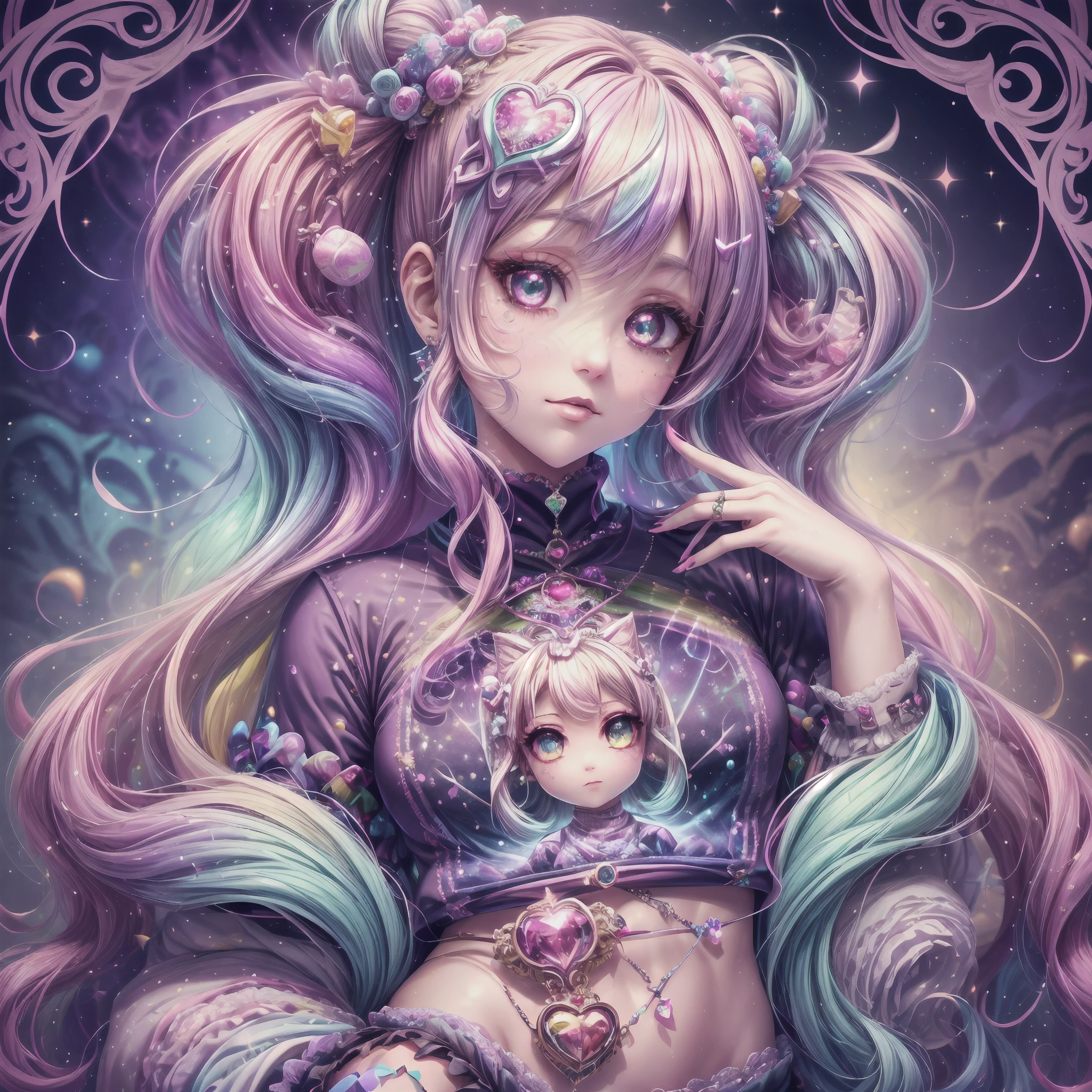 This image should be colorful and euphoric with extreme fantasy elements and very bold colors. Use (((lora:ArcherTurtleneck:1))). Generate a beautiful  nymph with ornate and highly detailed Decora Harajuku fashion aesthetics on an interesting Harajuku street background. Her head, torso, and hips are in frame. The nymph should have a mature face with a lot of character and visual interest. Include beautiful eyes, highly detailed eyes, extremely detailed eyes, intricate eyes, 8K eyes, macro eyes. Pay close attention to intricate facial details and realistic eye shading. Include bright lisa frank rainbow colors. ((Include many realistic fantasy and rainbow Harajuku and decora details)). Clothing should be very detailed and intricate in the style of extravagant Harajuku decora street fashion with a heavy emphasis on rainbow colors. Her shirt should contain contrasting textures, colors, and patterns (((lora:ArcherTurtleneck:1))). Her pants should be highly detailed and contain contrasting textures, colors, and patterns. The image is the highest quality possible, with rich colors and an extremely high resolution. Consider influences like the artwork and colors of Lisa Frank. Utilize bright ambient lighting and dynamic composition to enhance a feeling of happiness and ((euphoria)). The image should contain shimmer, phantasmal iridescence, crystals, and bumps. (((lora:ArcherTurtleneck:1))). (((Include many decora fashion accents.)))