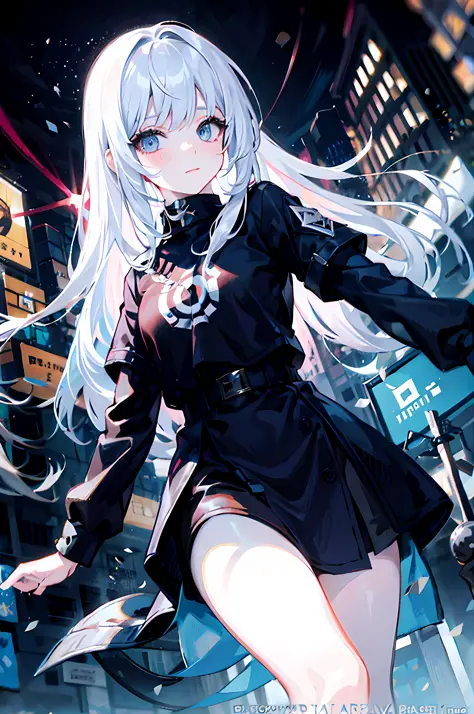 1animegirl, style of a S.C.P. agent, has a standard with the letters SCP on her clothes, creative hair, rainbow hair, city stree...