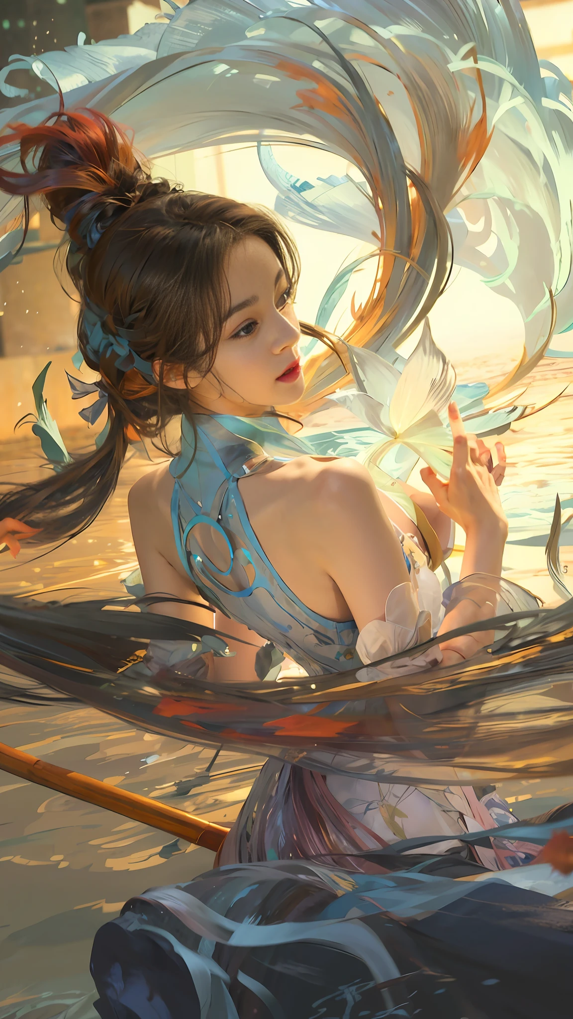 anime girl in a blue dress holding a stick in the water, artgerm and atey ghailan, by Yang J, inspired by Fenghua Zhong, artgerm and ruan jia, beautiful young wind spirit, inspired by Lan Ying, artgerm. anime illustration, extremely detailed artgerm, beautiful digital artwork, style of artgerm