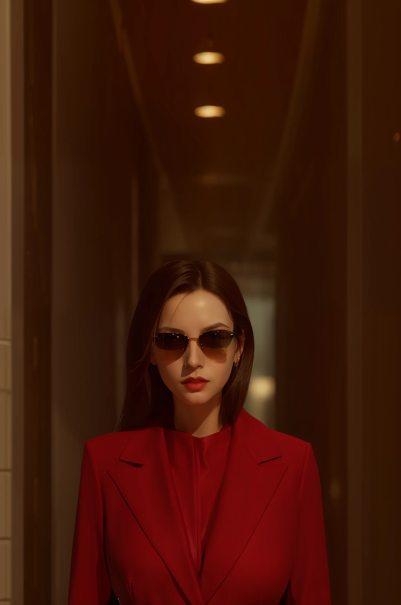 arafed image of a woman in a red coat and sunglasses, woman model, girl in suit, girl in a suit, digital art of an elegant, render of april, female lead character, 9 0's, trinity from the matrix, 90's, realistic person, female spy, with sunglasses, wearing a suit and glasses, business woman, high quality portrait