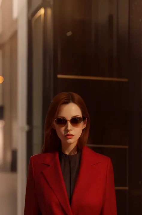 arafed image of a woman in a red coat and sunglasses, woman model, girl in suit, girl in a suit, digital art of an elegant, rend...