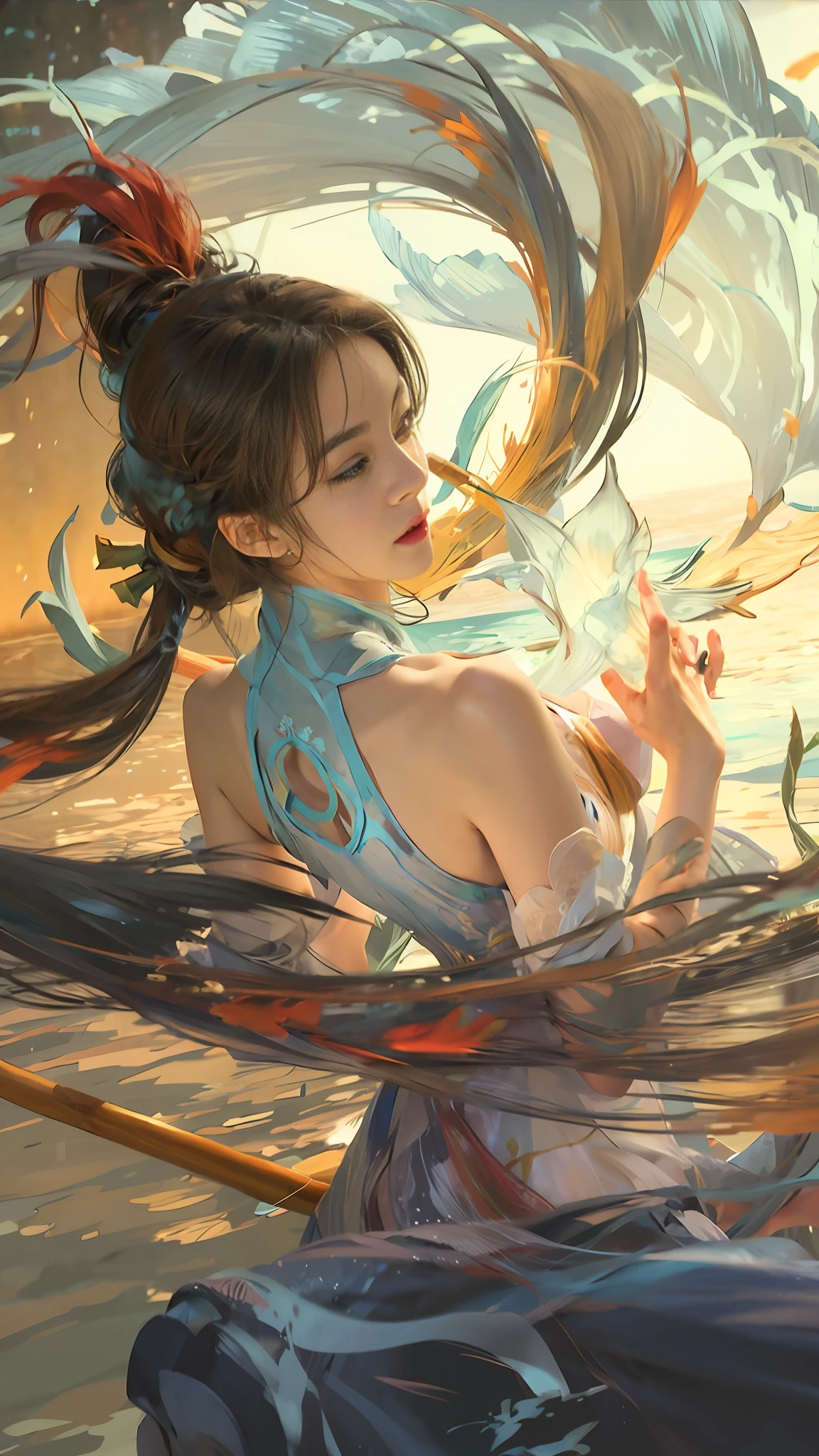 anime girl in a blue dress holding a stick in the water, artgerm and atey ghailan, by Yang J, inspired by Fenghua Zhong, artgerm and ruan jia, beautiful young wind spirit, inspired by Lan Ying, artgerm. anime illustration, extremely detailed artgerm, beautiful digital artwork, style of artgerm