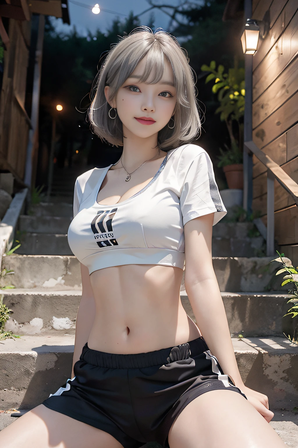 Top quality, RAW photos, super high resolution, shooting from the side, bright silver hair, bright gray hair, popping smile, one corner of mouth raised, 16 year old Korean, very big breasts, cleavage as close as possible to the face, cropped T-shirt, training clothes, running shorts, fair skin, shiny white skin, short bob, beautifully aligned bangs, beautiful eyes of random colors, very thin lips, Beautiful eyes to the smallest detail, elongated eyes, pale pink cheeks, long eyelashes, beautiful double eyelids, eyeshadow, beautiful thin legs, beautiful feet, beautiful navel, beautiful abs, beautiful ribs, beautiful constriction, beautiful hip line, necklace, earrings, hair accessories, night park, night stairs, squatting on stairs