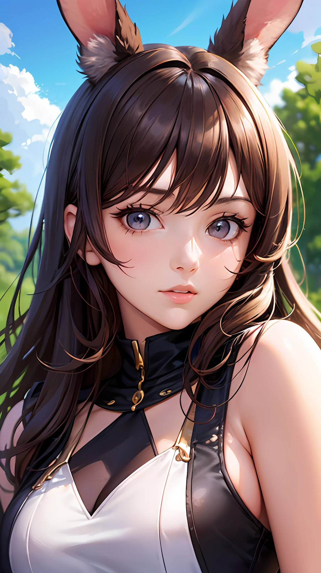 Masterpiece, high resolution, (highest quality: 0.8), 24-year-old woman, dark brown hair color, golden proportion face, 9 life woman, looking towards the viewer, perfect anime illustration, rabbit ears, rabbit ear hair band, deep landscape, under blue sky, sunshine, light effects!