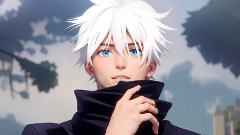 A very handsome male character with white hair, blue eyes, thin and delicate face, muscular, gojo satoru, satoru gojo, gojo