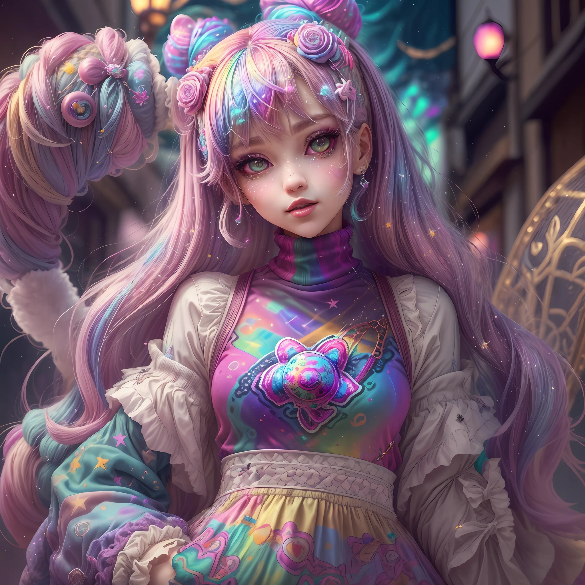 This image should be colorful and euphoric with extreme fantasy elements and very bold colors. Use (((lora:ArcherTurtleneck:1))). Generate a beautiful  witch with ornate and highly detailed Decora Harajuku fashion aesthetics on an interesting Harajuku street background. Her head, torso, and hips are in frame. The witch should have a mature face with a lot of character and visual interest. Include beautiful eyes, highly detailed eyes, extremely detailed eyes, intricate eyes, 8K eyes, macro eyes. Pay close attention to intricate facial details and realistic eye shading. Include bright lisa frank rainbow colors. ((Include many realistic fantasy and rainbow Harajuku and decora details)). Clothing should be very detailed and intricate in the style of extravagant Harajuku decora street fashion with a heavy emphasis on rainbow colors. Her shirt should contain contrasting textures, colors, and patterns (((lora:ArcherTurtleneck:1))). Her pants should be highly detailed and contain contrasting textures, colors, and patterns. The image is the highest quality possible, with rich colors and an extremely high resolution. Consider influences like the artwork and colors of Lisa Frank. Utilize bright ambient lighting and dynamic composition to enhance a feeling of happiness and ((euphoria)). The image should contain shimmer, phantasmal iridescence, crystals, and bumps. (((lora:ArcherTurtleneck:1))). (((Include many decora fashion accents.))), extreme angles
