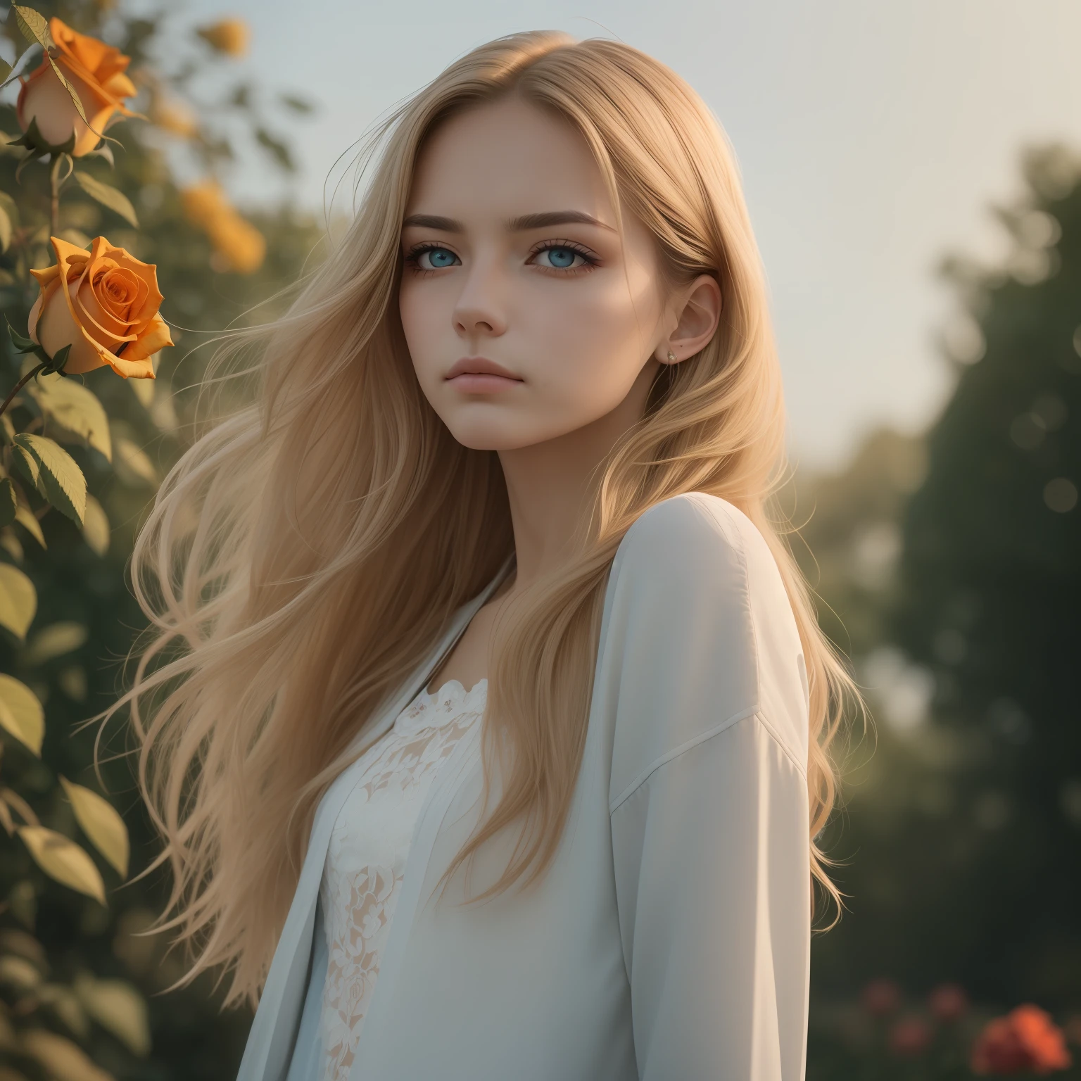 A Woman With Long Blonde Hair Standing In Front Of A Bush Of Flowers 