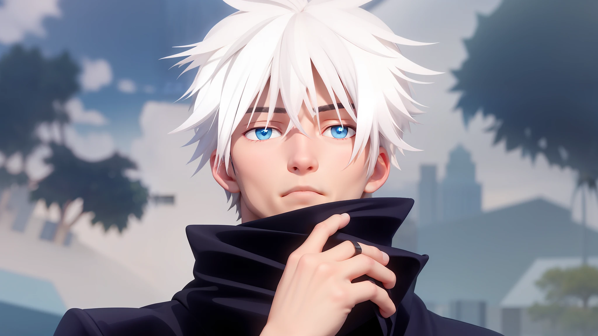 A very handsome adult male character with white hair, blue eyes, thin and delicate face, muscular, gojo satoru, satoru gojo, gojo
