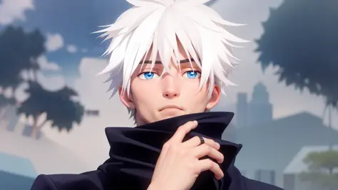A very handsome adult male character with white hair, blue eyes, thin and delicate face, muscular, gojo satoru, satoru gojo, goj...