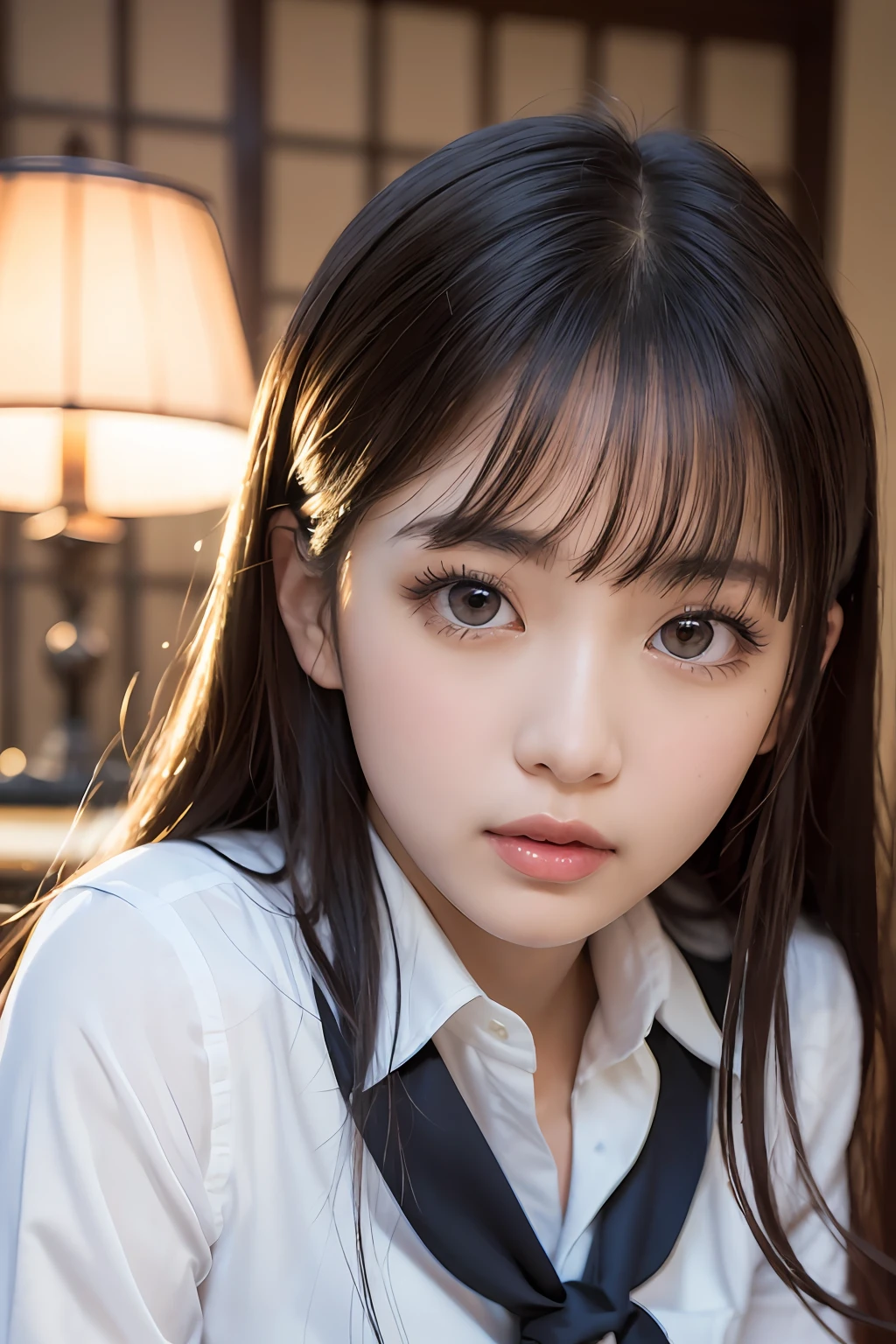 Masterpiece, (Most Realist: 1.5), Maximum Resolution, Maximum Face Resolution, Maximum Environmental Detail, Most Beautiful Woman, , Japan Woman, Japan, Teen Girl, Fair Skin, Big Eyes, Beautiful Eyes, Tie, Bright Face, Private School Thai Uniform, Most Beautiful Nose, Sitting Wonder, Big, Chest Assertive, Chest Stands Out