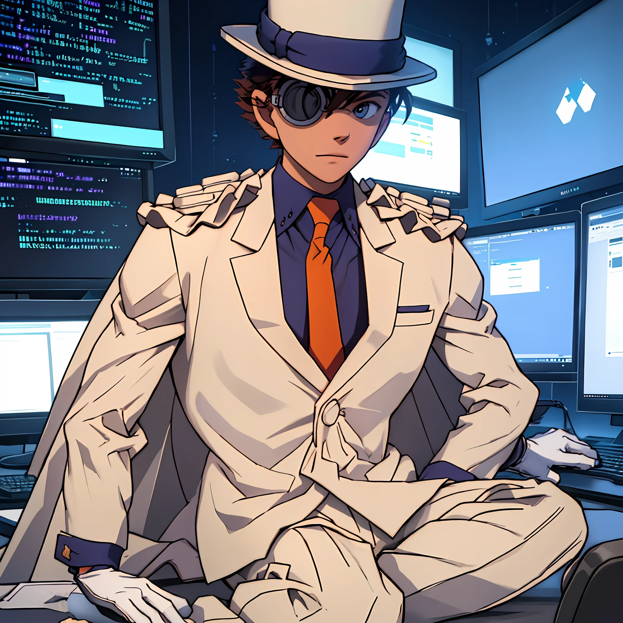 Best quality: 1.0), (Super High Resolution: 1.0), 1boy, solo, white suit, white cape, top hat, monocle, red necktie, blue shirt, white gloves, sitting in front of computer hacking, background in coding room,