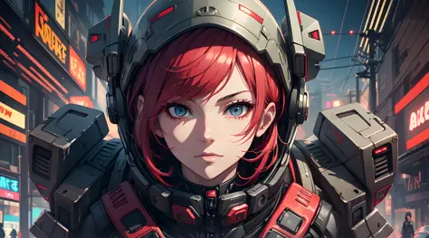 a close up of a person with red hair and a helmet, cyberpunk anime girl mech, digital cyberpunk anime art, female cyberpunk anim...