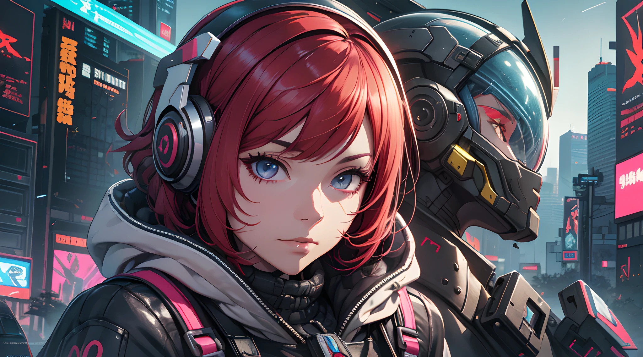 a close up of a person with red hair and a helmet, cyberpunk anime girl mech, digital cyberpunk anime art, female cyberpunk anime girl, cyberpunk anime girl in hoodie, anime cyberpunk art, girl in mecha cyber armor, cyberpunk anime art, cyberpunk anime girl, redhead female cyberpunk, modern cyberpunk anime, cyber noir, neon scales and cyborg tech, anime cyberpunk,shine metal,sharp focus,raytracing