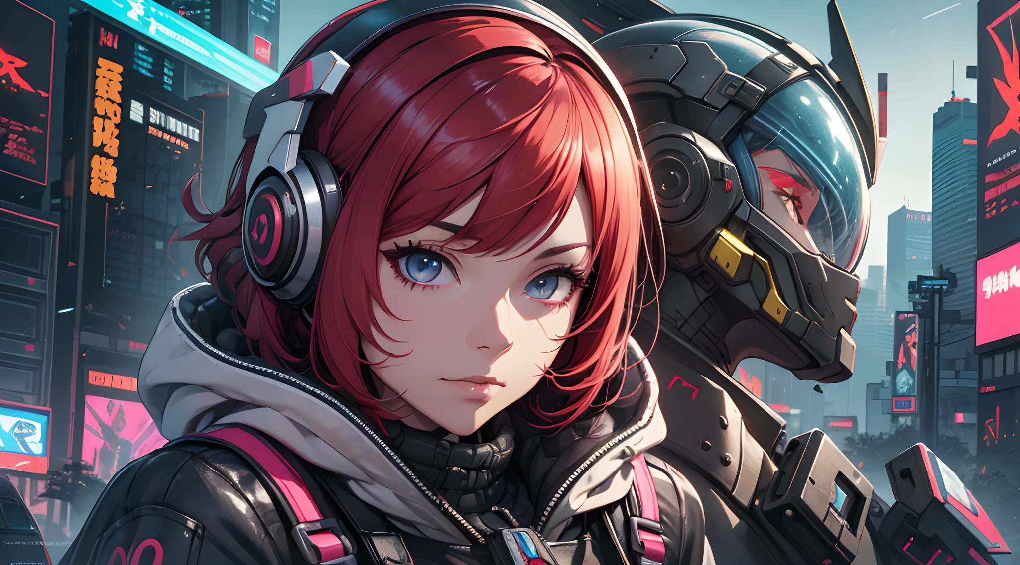 eine Nahaufnahme einer Person mit roten Haaren und einem Helm, cyberpunk anime girl mech, digital cyberpunk anime art, female cyberpunk anime girl, cyberpunk anime girl in hoodie, anime cyberpunk art, Mädchen in Mecha-Cyber-Rüstung, cyberpunk anime art, cyberpunk anime girl, rothaarige weibliche Cyberpunk, modern cyberpunk anime, cyber noir, Neonschuppen und Cyborg-Technologie, anime cyberpunk,Glanz Metall,scharfer Fokus,Raytracing