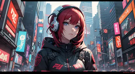 a close up of a person with red hair and a helmet, cyberpunk anime girl mech, digital cyberpunk anime art, female cyberpunk anim...