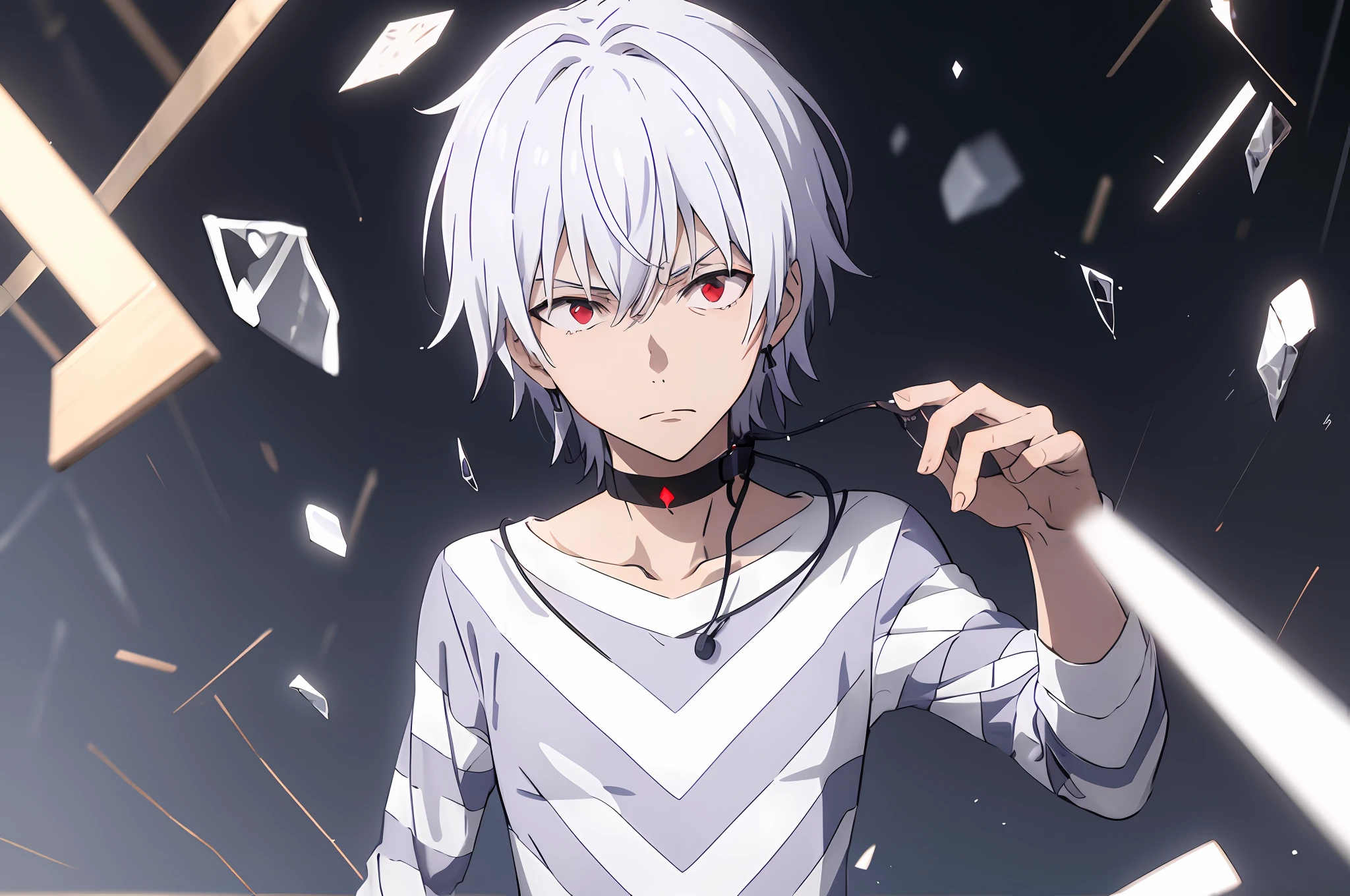 pha accelerator, 1boy, (red eyes:1.4),  accelerator (toaru majutsu no index), constricted pupils, white hair, shirt, solo, choker, striped shirt, striped, albino, earphones, pants, hair between eyes, short hair, collarbone, white shirt, crazy eyes, explosion, ruins,
(masterpiece:1.2, best quality), high contrast, ((cinematic light)), black light particles,(broken glass), portrait, upper body,