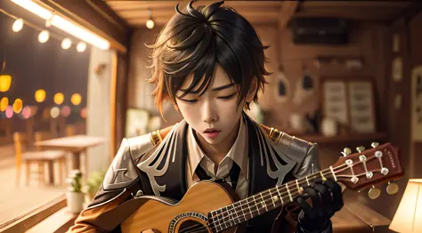 1boy, Zhongli Genshin Impact playing ukulele in a Karaoke