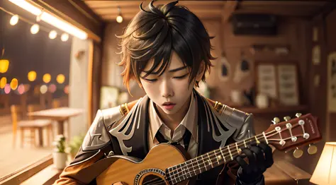 1boy, zhongli genshin impact playing ukulele in a karaoke