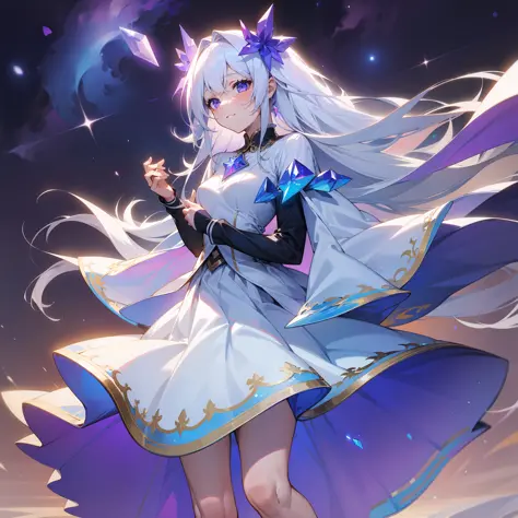 A girl, long hair, white hair, pure, crystal blue-purple eyes, white wedding dress, surrounded by a starry sky, hair fluttering in the wind, skirt fluttering in the wind, full body like