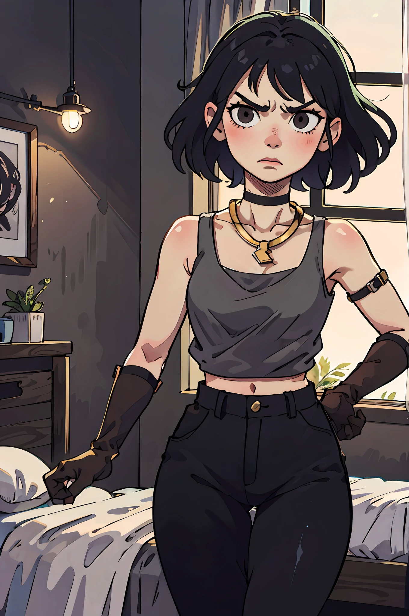 (best quality: 0.8), perfect illustration anime, masterpiece, natural lighting, 1boy, boy, 1boy, solo, black hair, brown eyes, gloves, looking at the viewer, black gloves, wide hips, thick thighs, thorns, cowboy shot, black choker, neutral expression short hair, wavy hair, bedroom, night, neckline, ruins black pants, pink lips, slight smile, cute