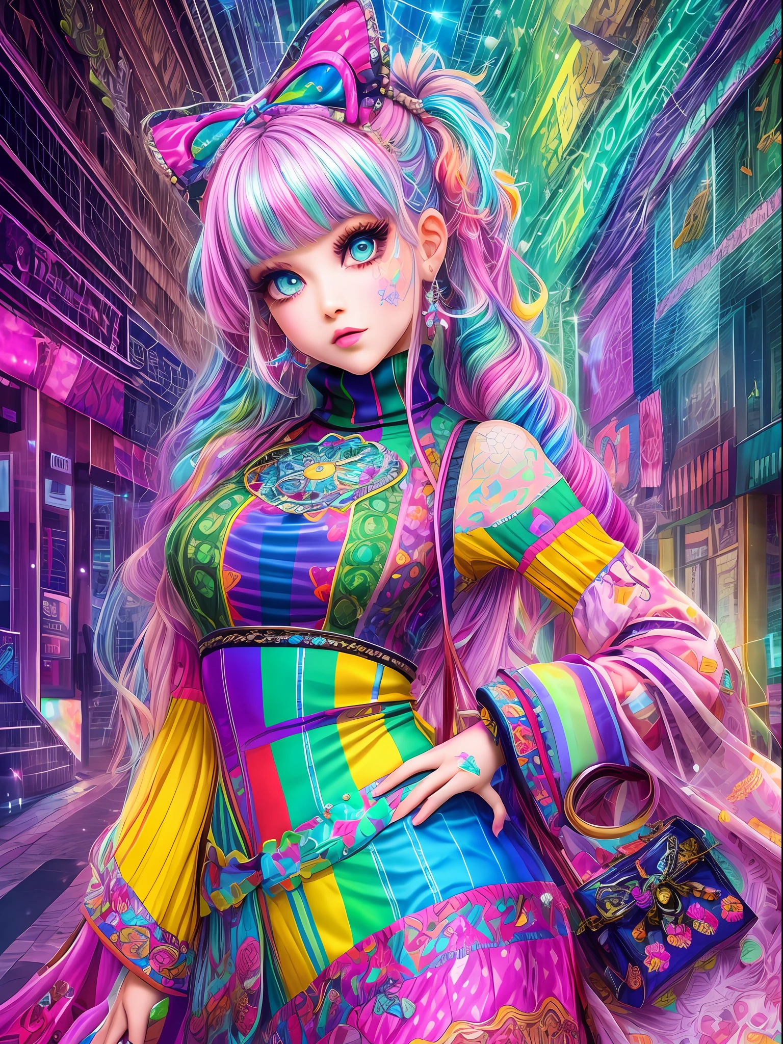This image should be colorful and euphoric with extreme fantasy elements and very bold colors. Use (((lora:ArcherTurtleneck:1))). Generate a beautiful  witch with ornate and highly detailed Decora Harajuku fashion aesthetics on an interesting Harajuku street background. Her head, torso, and hips are in frame. The witch should have a mature face with a lot of character and an interested and happy expression. She should look interested in the viewer. Include beautiful and distinct eyes, highly detailed eyes, extremely detailed eyes, intricate eyes, 8K eyes, macro eyes. Pay close attention to intricate facial details and realistic eye shading. Include bright lisa frank rainbow colors. ((Include many realistic fantasy and rainbow Harajuku and decora details)). Clothing should be very detailed and intricate in the style of extravagant Harajuku decora street fashion with a heavy emphasis on rainbow colors. Her shirt should contain contrasting textures, colors, and patterns (((lora:ArcherTurtleneck:1))). Her pants should be highly detailed and contain contrasting textures, colors, and patterns. The image is the highest quality possible, with rich colors and an extremely high resolution. Consider influences like the artwork and colors of Lisa Frank. Utilize bright ambient lighting and dynamic composition to enhance a feeling of happiness and ((euphoria)). The image should contain shimmer, phantasmal iridescence, crystals, and bumps. (((lora:ArcherTurtleneck:1))). (((Include many decora fashion accents.))), extreme angles, extremely detailed magical elements