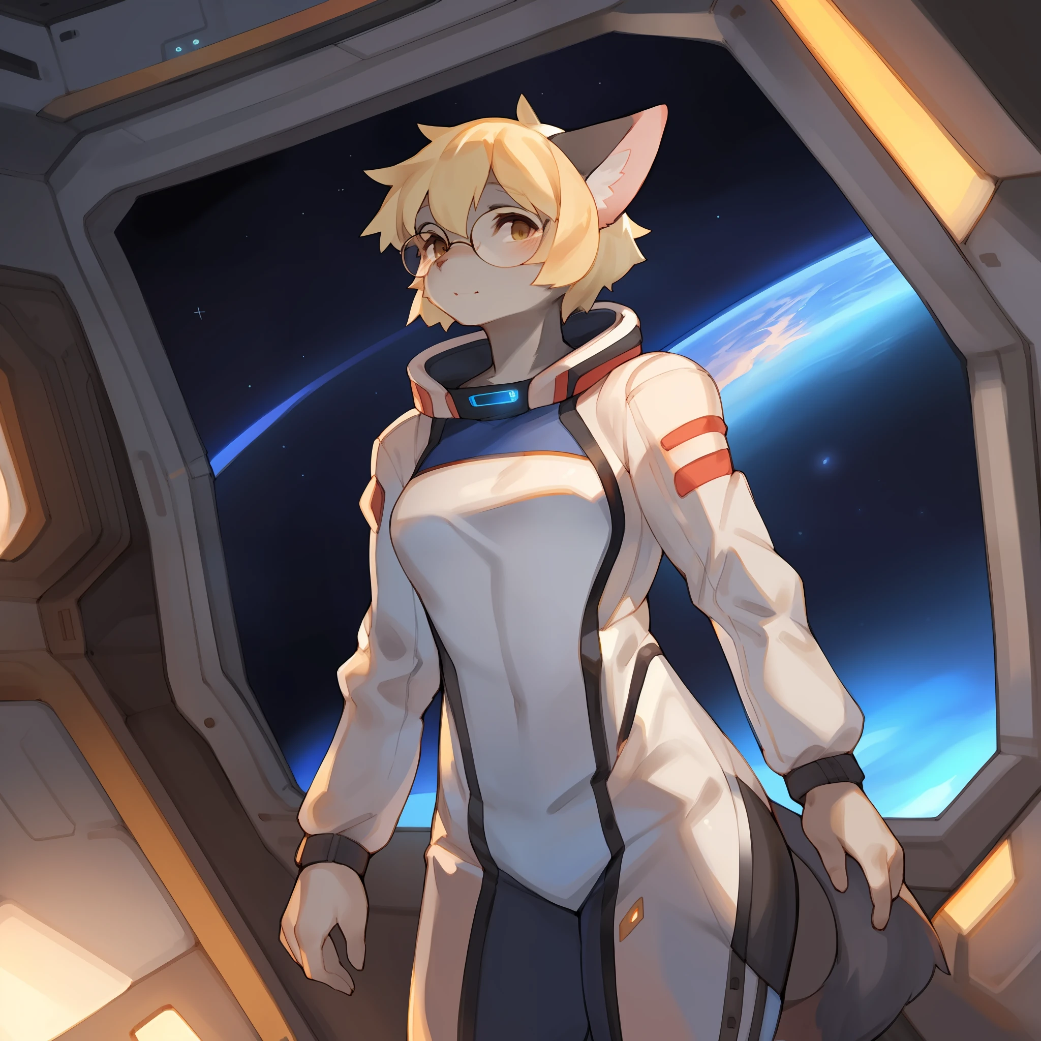 solo, female, standing, blonde hair, short hair, blonde hair, glasses, dark grey fur, dark grey body, sideswept hair, feline, flat chest, tall, detailed hands, by buta99, by bebebebebe, snout, white spacesuit, space, spaceship, window, by chelodoy