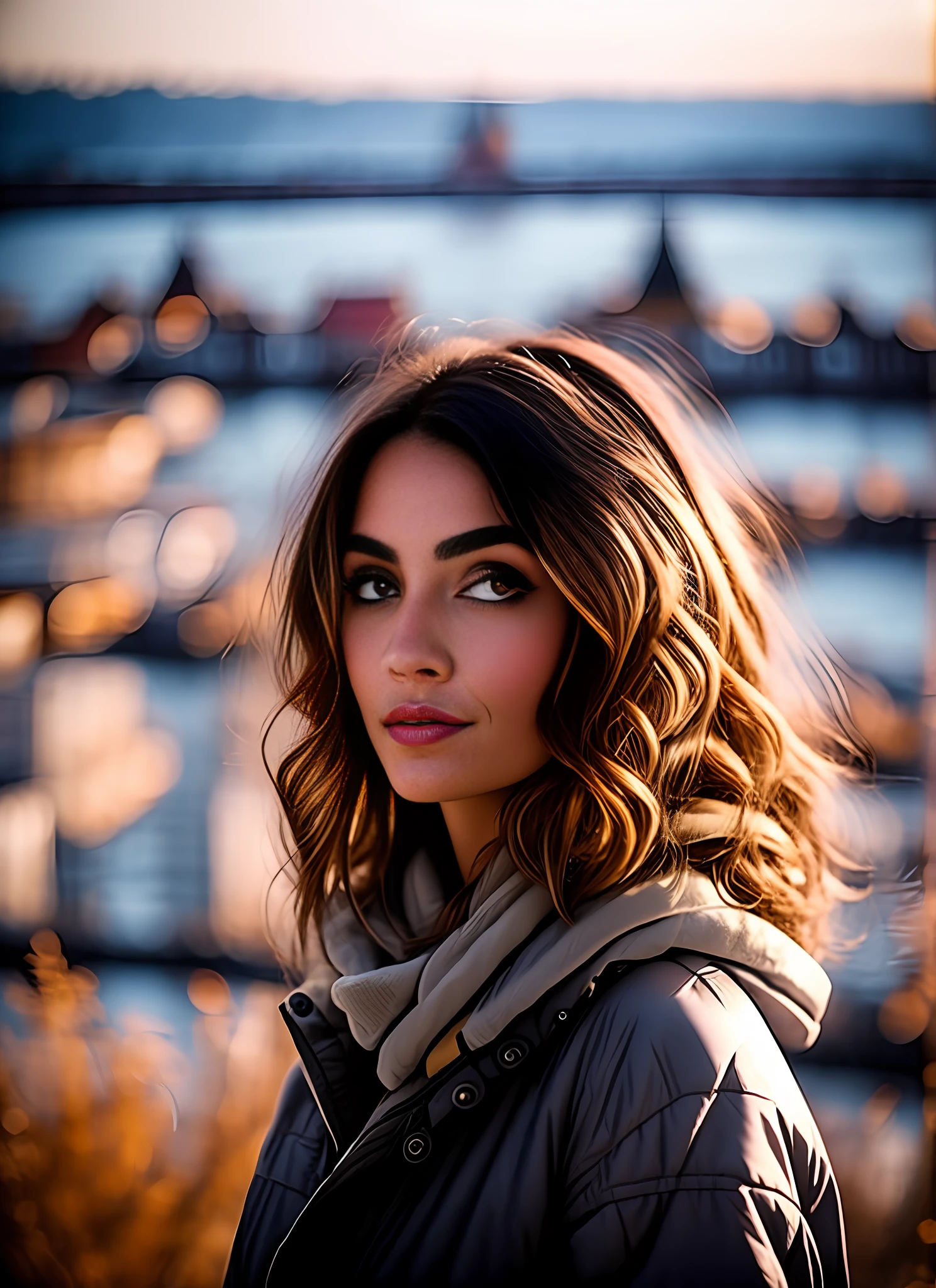 "a close up portrait of a brunette with Prague in the background, showcasing a slate atmosphere. The shot has a cinematic feel with dimmed colors, dark