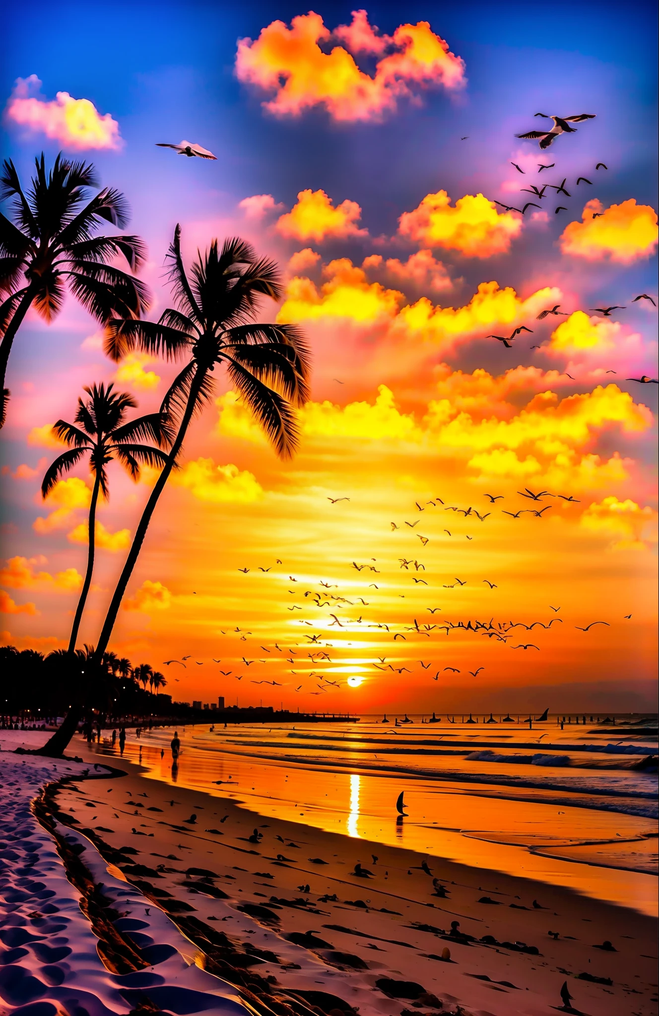 An absolutely mesmerizing sunset over the beach, with a mix of oranges, pinks and yellows filling the sky. Crystal clear waters of the sea gently kissing the coast, with white sand beaches stretching far and wide. The scene is dynamic and breathtaking, with seagulls soaring high in the sky and gently swaying palm trees. Soak up the soothing atmosphere and let the tranquility overwhelm you.