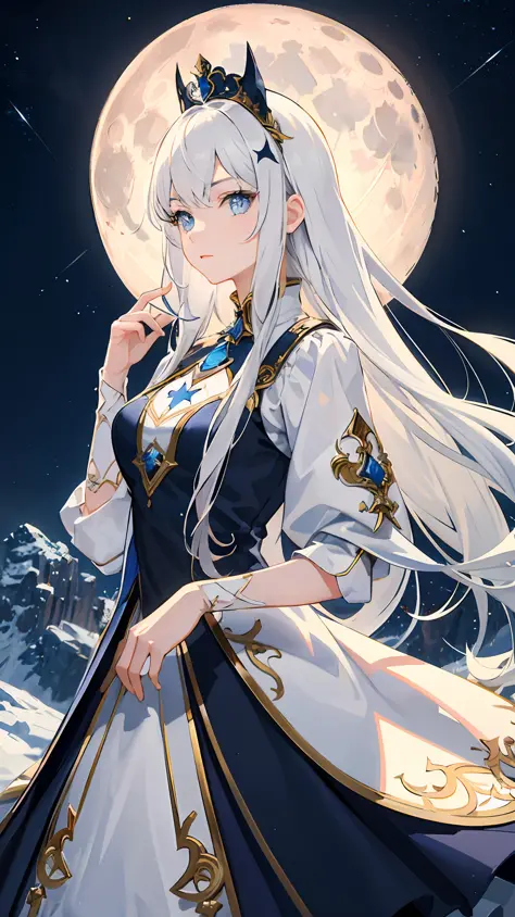 Wallpaper, highly detailed, best quality, 1girl, long white hair, blue eyes, highlighted eye, white dress with blue details, blue ornaments, white castle on top of mountain, night sky with full moon and stars, light coming from the moon,
