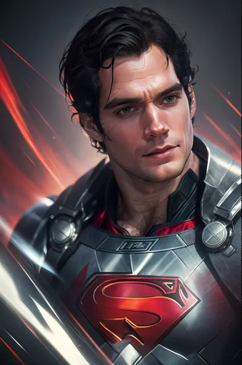 Henry Cavill as Superman, 40s, all details white and red suit, red cape, hair tension covering forehead, short cut hair, neat ha...