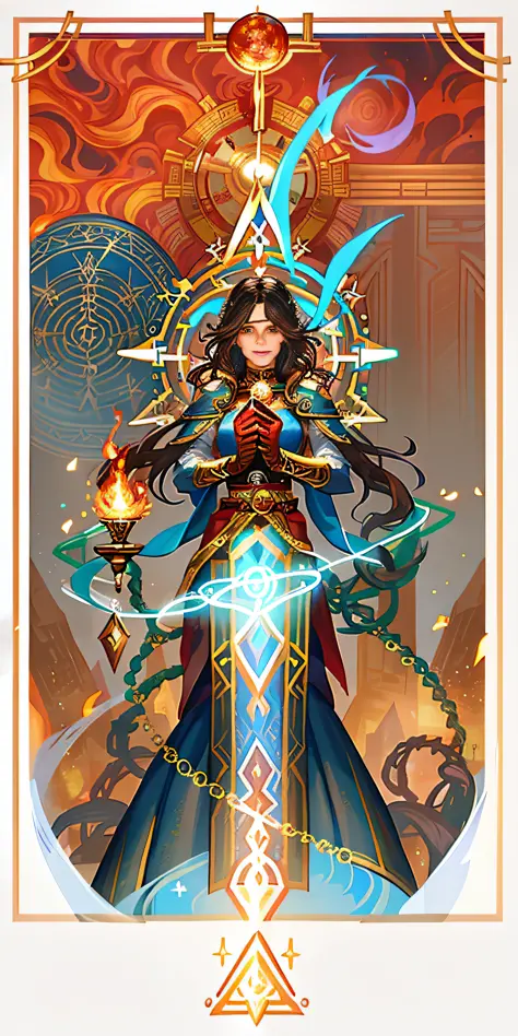a close up of a woman with a sword and a fire, epic mage girl character, portrait of a female mage, full portrait of elementalis...