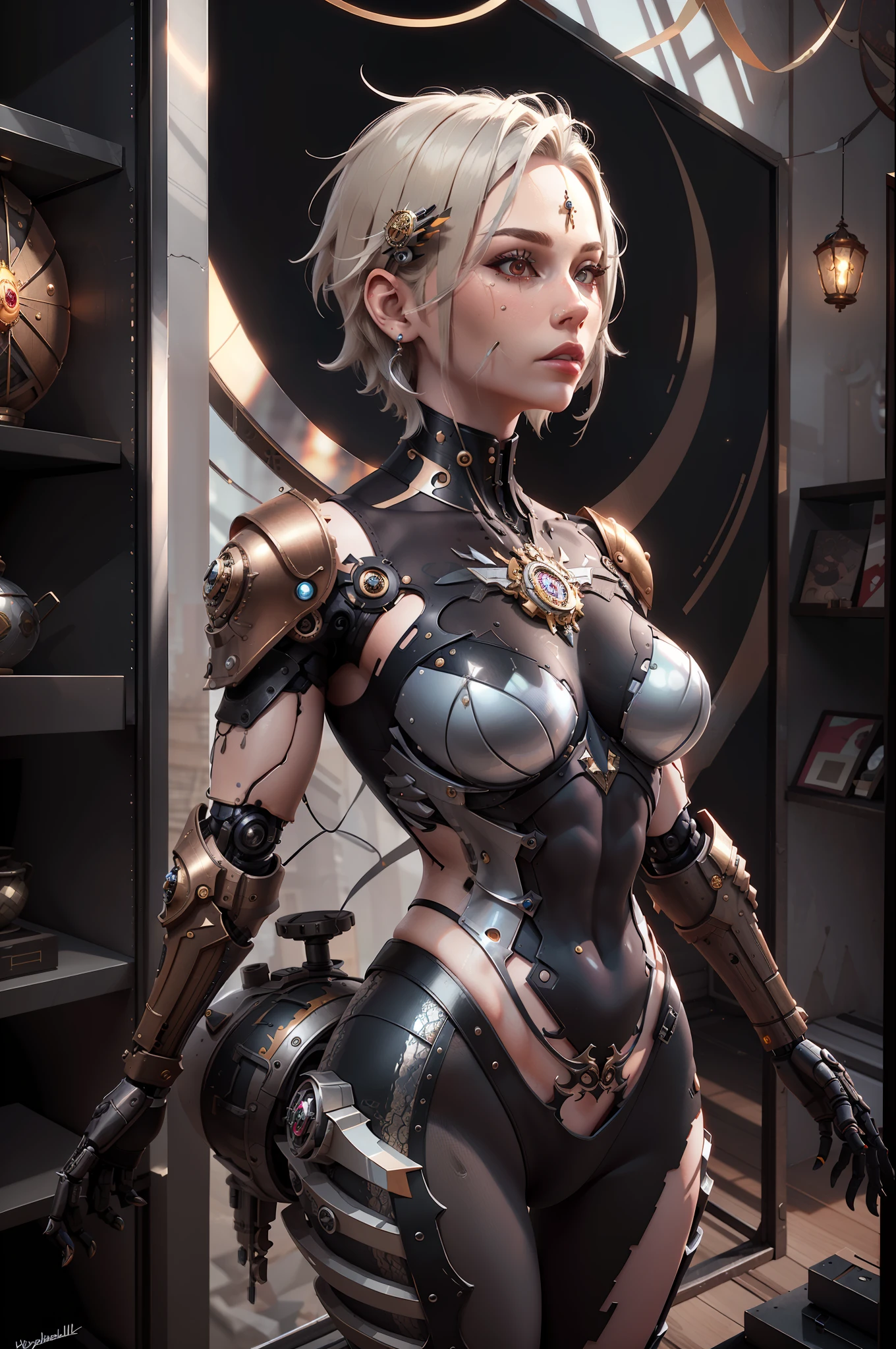 masterpiece, high quality, 3d, 8k cg, intricate details, detailed background, sacred. ornaments, byDylanKowalski, ((1girl)), upper body, muscular, skindentation, looking to the side, short hair, prosthesis, mechanical arms, synthetic skin, porcelain, pearl, holographic, titanium, diamond, ruby, sapphire, gemstones, clockwork, grunge, worn edges, armor,