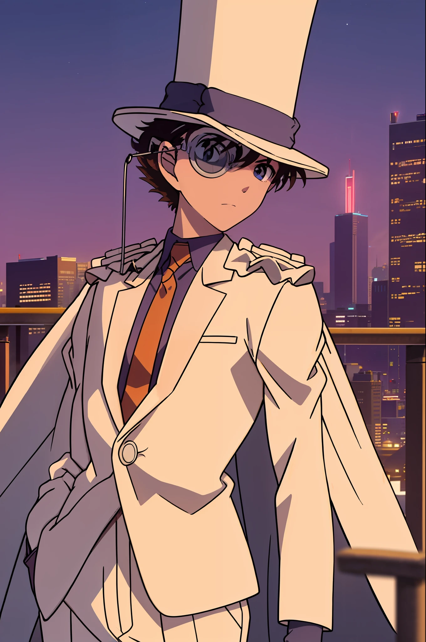 masterpiece, best quality, 1boy, solo, white suit, white cape, top hat, monocle, red necktie, blue shirt, white gloves, standing, night sky, city, sunset, sky scrapers, bridge, black, red, orange, brown, autumn, haze,looking at viewer