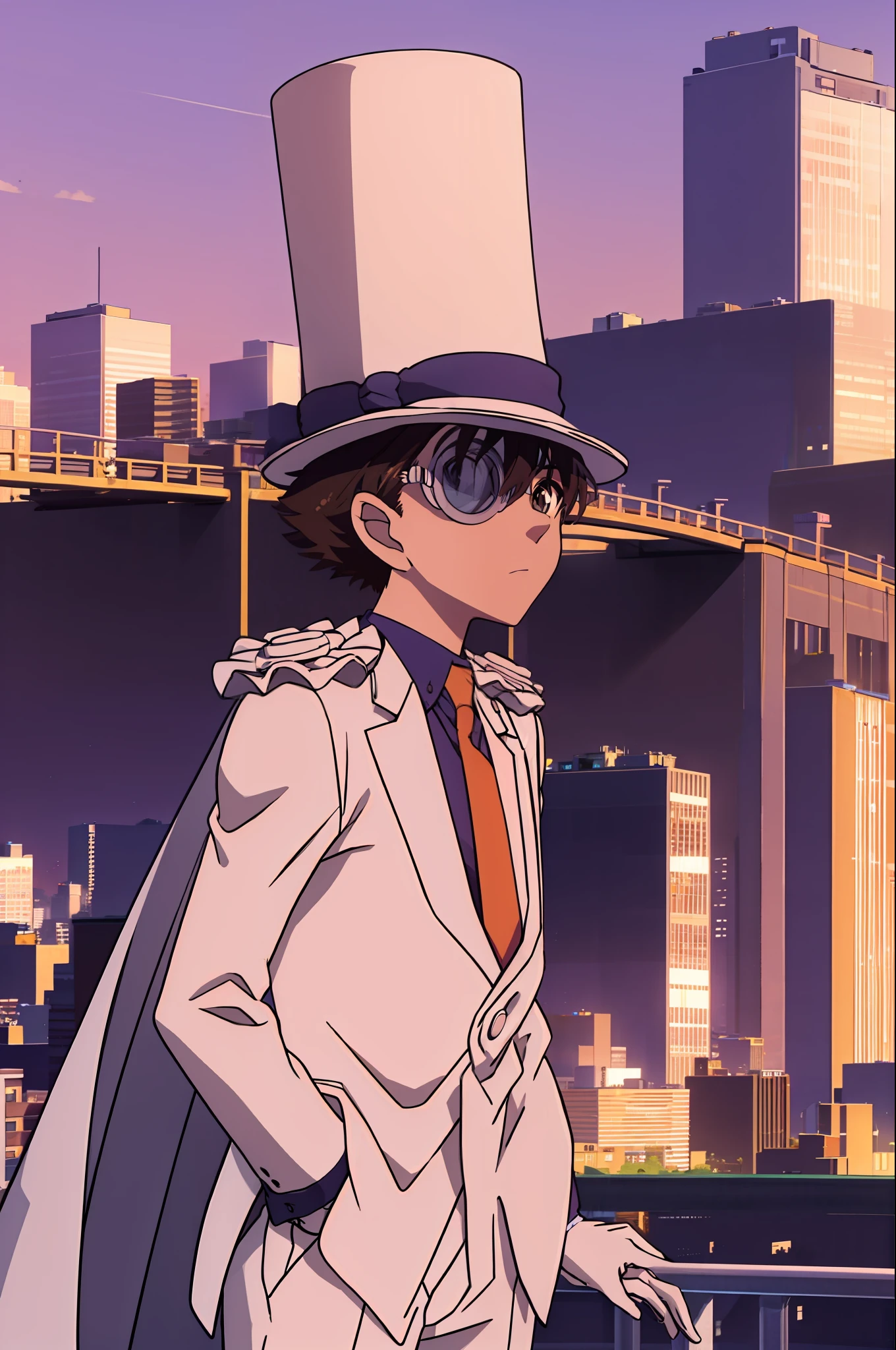 masterpiece, best quality, 1boy, solo, white suit, white cape, top hat, monocle, red necktie, blue shirt, white gloves, standing, night sky, city, sunset, sky scrapers, bridge, black, red, orange, brown, autumn, haze,looking at viewer