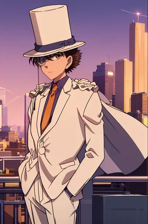 masterpiece, best quality, 1boy, solo, white suit, white cape, top hat, monocle, red necktie, blue shirt, white gloves, standing...