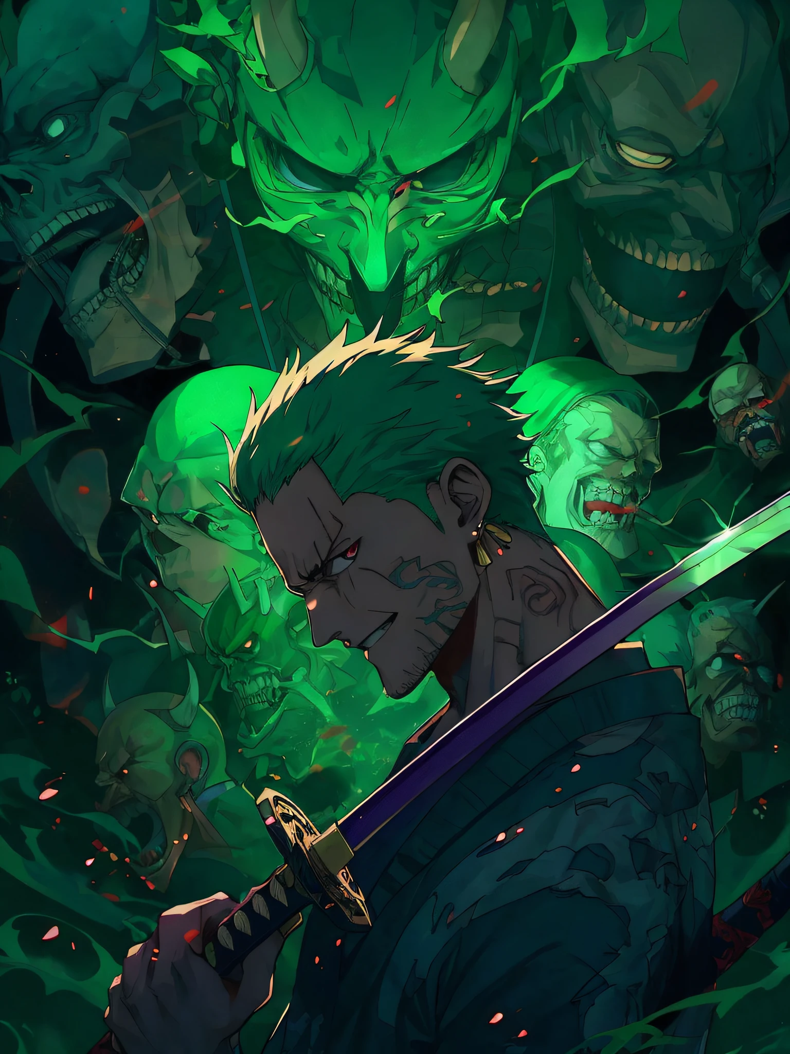 anime character with green hair holding a sword surrounded by skulls, roronoa zoro, badass anime 8 k, anime epic artwork, demon slayer artstyle, anime art wallpaper 4k, anime art wallpaper 4 k, 4k anime wallpaper, anime wallpaper 4 k, anime wallpaper 4k, anime art wallpaper 8 k, 4 k manga wallpaper, anime wallaper