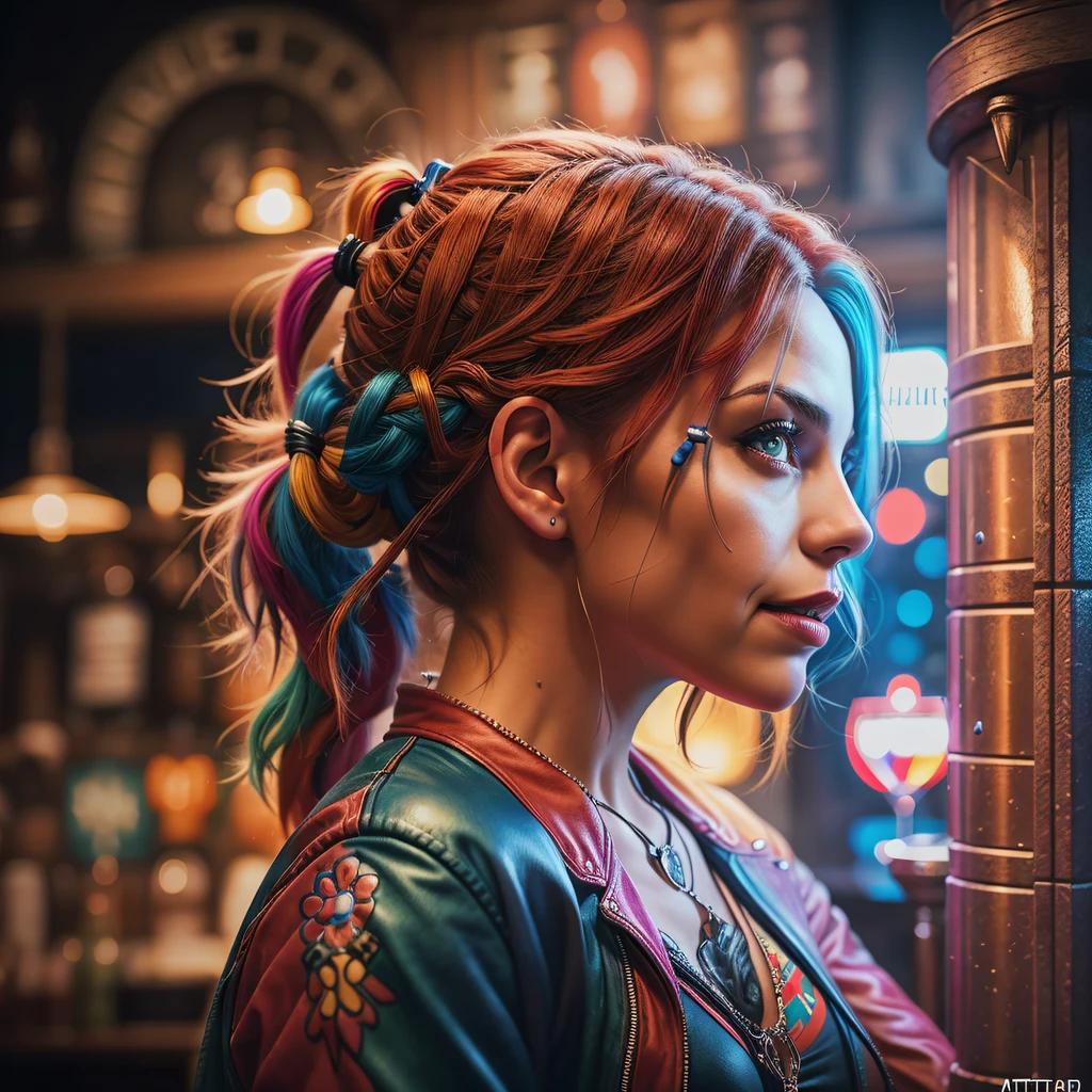 belle Harley Quin dans un pub irlandais, air au-dessus des cheveux, porter des vêtements Harley Quin détaillés, Gagnant du prix IPA, chef-d&#39;œuvre, Éclairage ultime, œuvres d&#39;art réalisées par les 5 meilleurs artistes d&#39;artstation, mise au point ultra nette, contraste ultra élevé, meilleur post-traitement, filtres artistiques