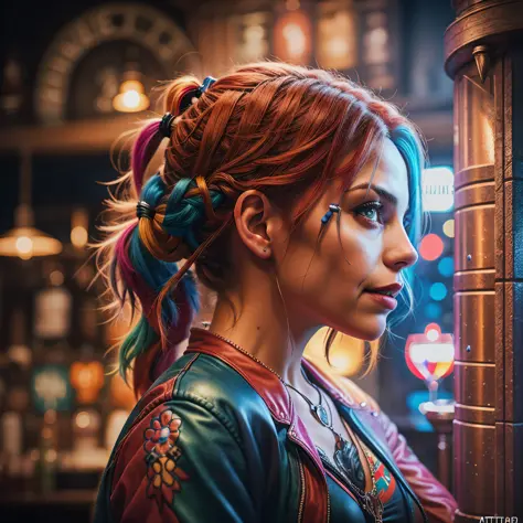 beautiful harley quin in a irish pub, air above hair, wearing detailed harley quin cloths, ipa award wining, masterpiece, ultima...