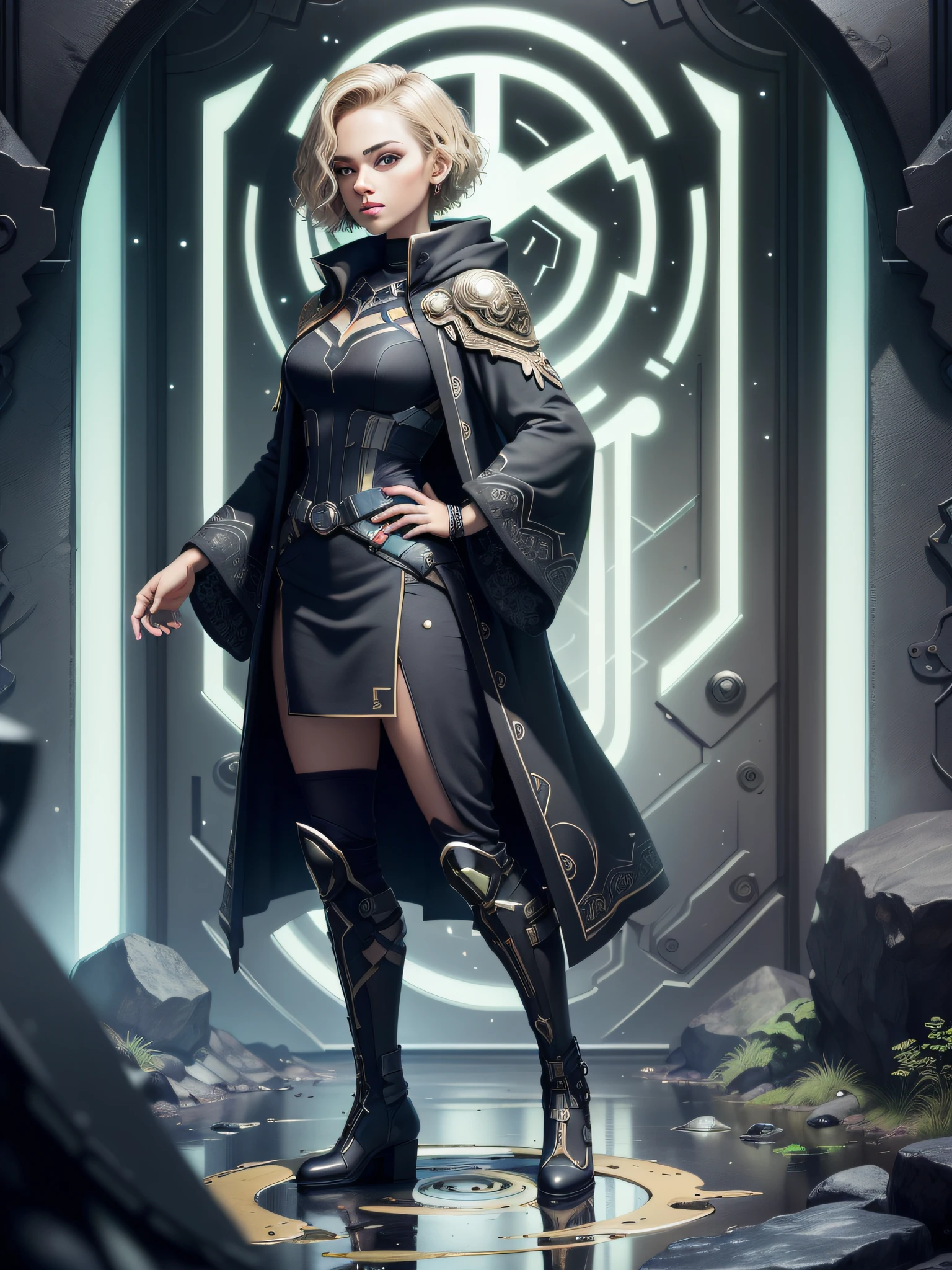 (((extremely detailed face))),(((extremely detailed eyes and face))),((Best quality)), ((masterpiece)),(detailed: 1.4), 3D, ((standing and front)),((night)),((1girl)) beautiful woman, blonde, short hair, green eyes, black panther cover, black jacket, wizard robes, black and green boots, detail in the big magic book in the background of the image, magic detail, more detail on the black cover,  More details on your fingers