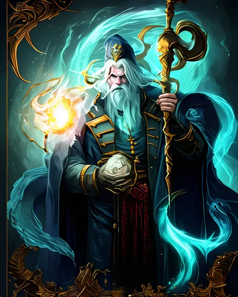 a painting of a wizard holding a staff and a lightning bolt, Velho ...